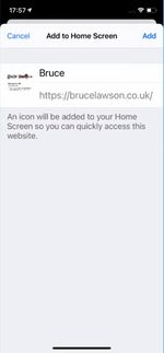 An Add to Home Screen view with details of a web page in addition to Cancel and Add buttons